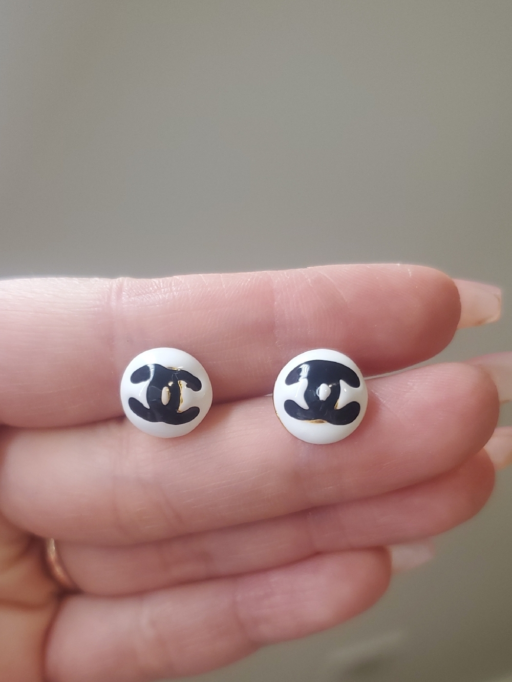Chanel White and Black Round Logo Button Earrings